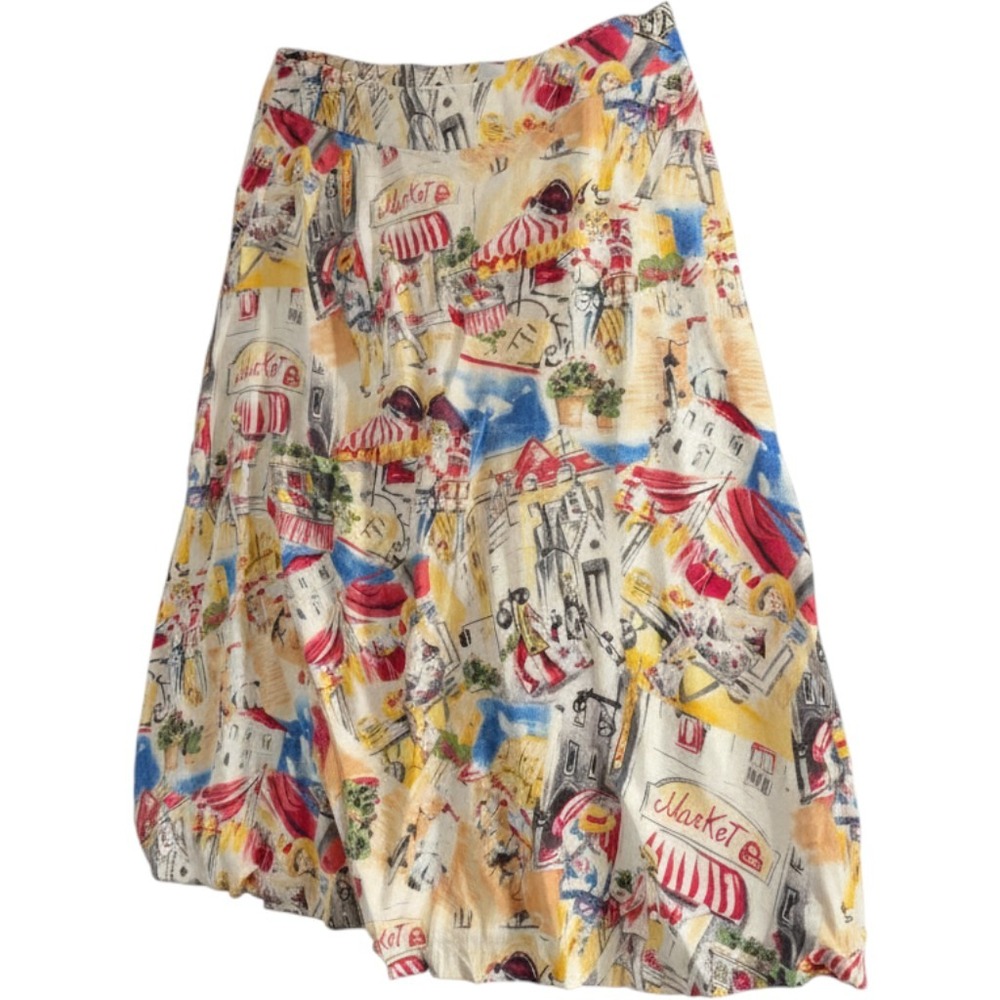 Liz Claiborne Linen Midi Skirt 12 Novelty Market Print European Cafe REMU1074